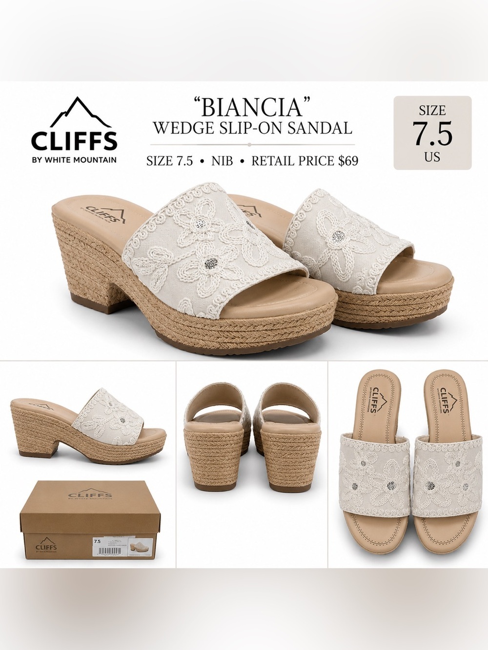 Cliffs by WHITE MOUNTAIN “Biancia" Wedge Sandal floral embroidered 7.5 NIB